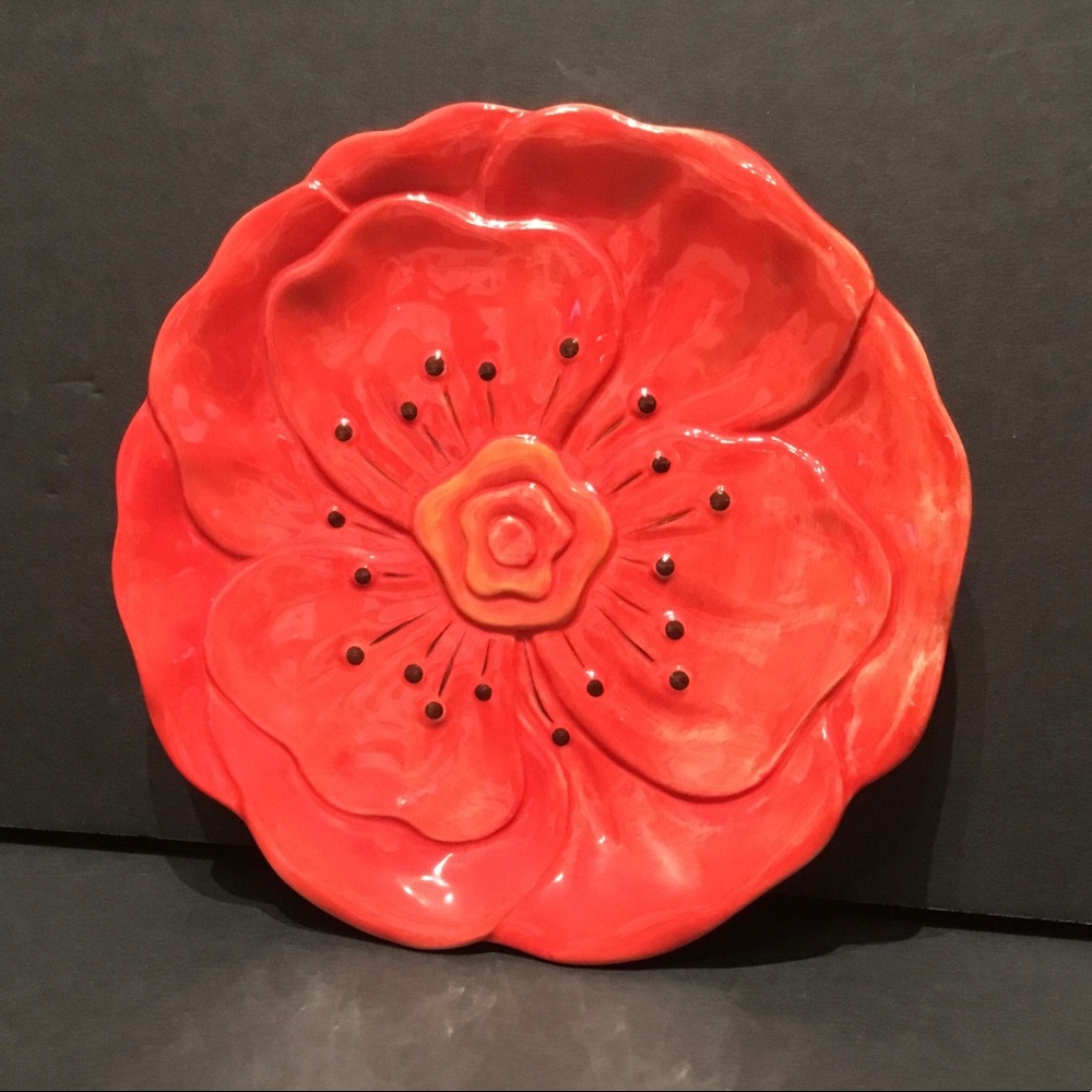 Pier 1 Imports POPPY 8" Round Flower Salad Desert Plate Red Hand-Painted